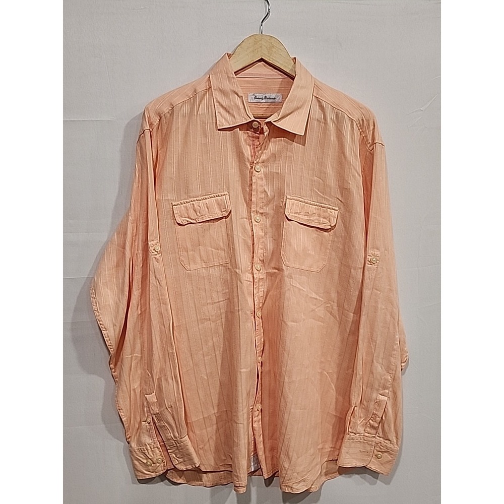 Tommy Bahama‎ Shirt Mens XL Long-sleeve Linen/Cotton Peach, Button-up Pockets